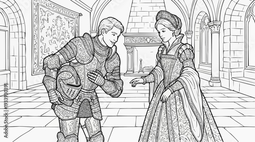 Coloring page for children - Renaissance knight removing helmet, romantic encounter, large hall background, historical scene