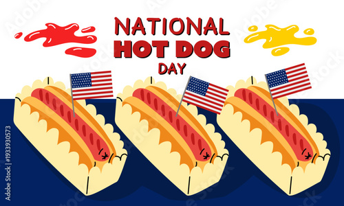 National Hot Dog Day horizontal banner with snacks and sauce splashes. Flat illustration for american food holiday posters, bbq party invitations or patriotic festival banners.