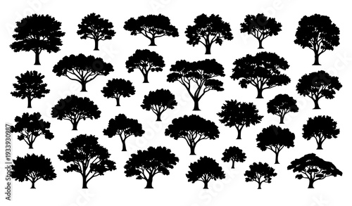 Assorted black tree silhouettes big vector nature set isolated on white background