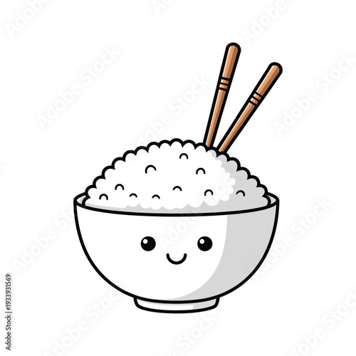 Cute kawaii rice bowl with chopsticks cartoon vector illustration.
