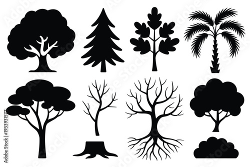Eight black and white tree silhouettes in trees