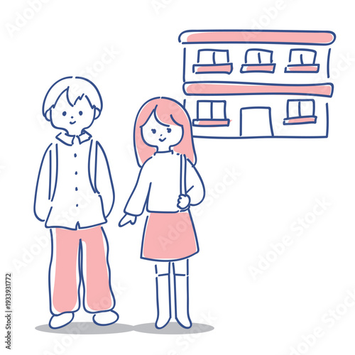 大学生カップルとアパート｜同棲をするカップルのゆるかわいいイラスト