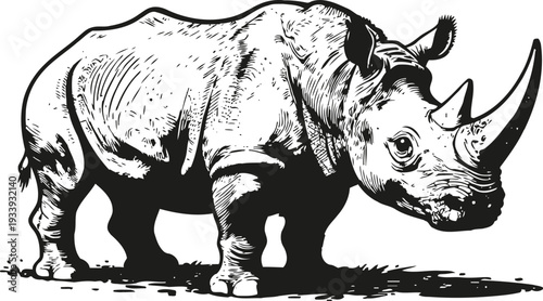 Detailed black and white illustration of a rhinoceros standing on ground, wildlife animal drawing