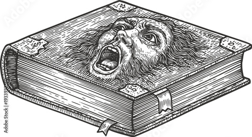 Old magic book with terrified face emerging from cover antique mystical grimoire, horror concept, vintage engraving illustration