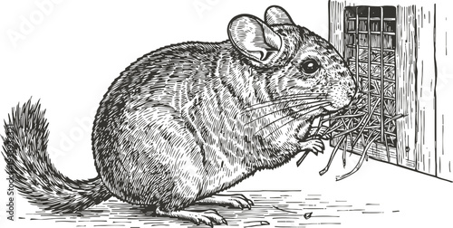 chinchilla nibbling straw near wire cage detailed black and white rodent illustration with textured fur and bushy tail