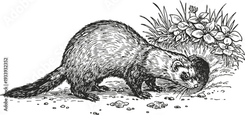 Black and white ferret illustration exploring ground with flowers and natural environment detailed sketch animal