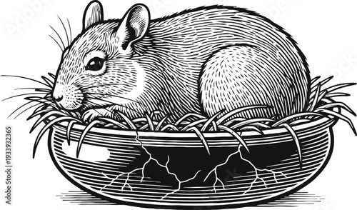 Mouse resting in cracked bowl filled with soft grass nest, detailed black and white animal illustration