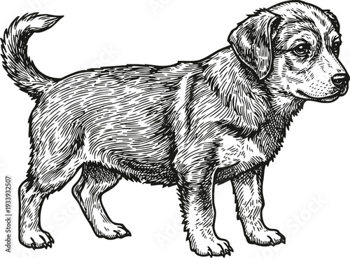 Detailed black and white illustration of a small dog standing sideways with expressive eyes and textured fur