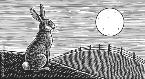 rabbit sitting on hill under full moon night wildlife scene with fence and grass silhouette