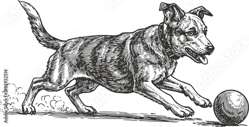 energetic dog playing with ball, lively pet running and chasing toy outdoors