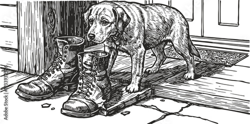Black labrador dog sniffing leather boots on doorstep vintage hand drawn rustic countryside scene