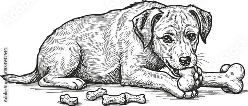 Black and white sketch of a dog lying down chewing a bone with scattered dog treats around