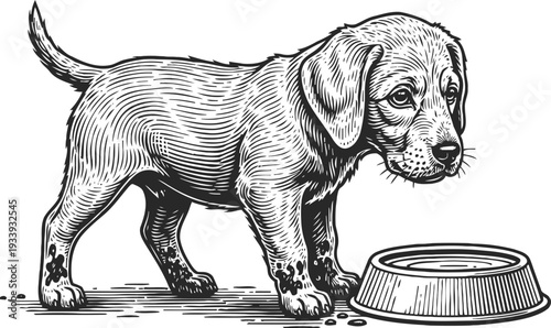 Engraved illustration of a sad puppy standing beside an empty food bowl, vintage pet drawing