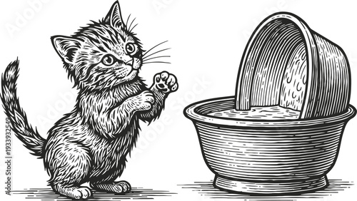 Curious kitten reaching out towards a wooden bucket filled with water, vintage engraved illustration