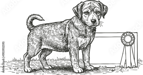 Illustration of a puppy standing beside a blank award ribbon, sketch drawing of dog and prize