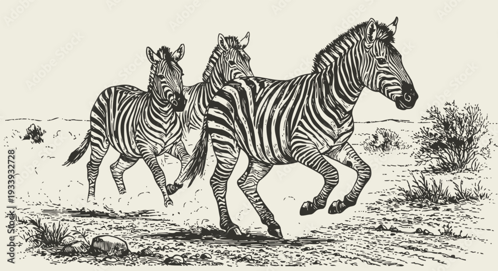 Fototapeta premium Three zebras running across dry savannah grassland landscape in wildlife nature scene
