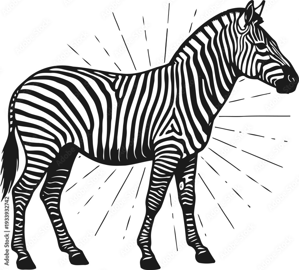 Naklejka premium zebra side view illustration with radiant lines background, black and white striped wild animal drawing