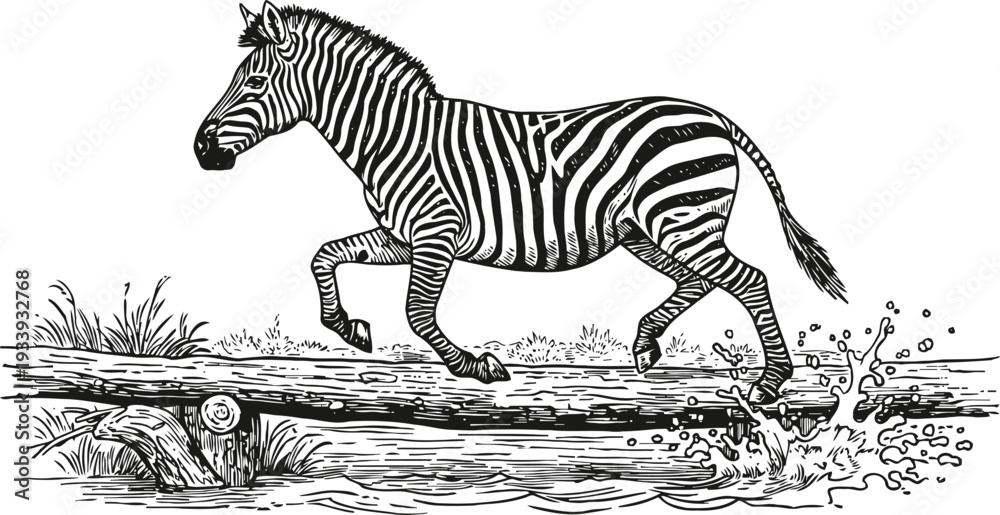 Naklejka premium Zebra crossing water stream with splash wild african animal running over fallen log in nature