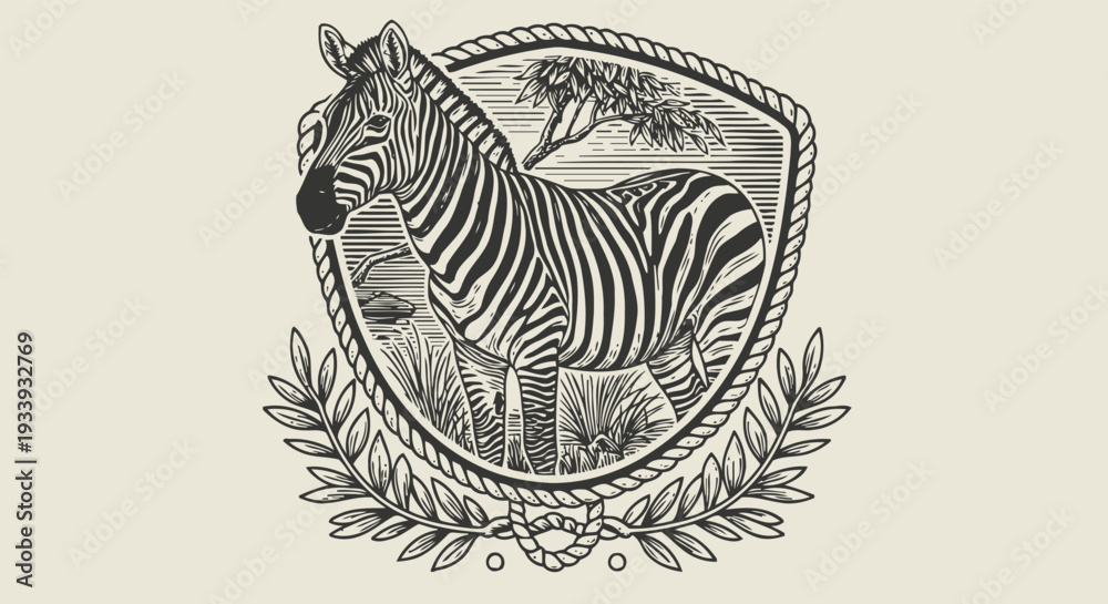 Fototapeta premium Vintage zebra illustration with decorative floral frame and shield, detailed black and white art