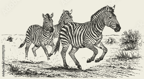 Three zebras running across dry savannah grassland landscape in wildlife nature scene