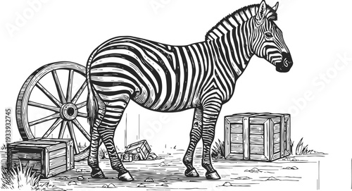 Zebra standing near old wooden wagon wheel and crates in rustic outdoor scene