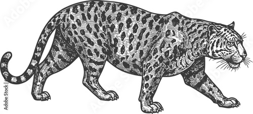 illustration of a walking jaguar with detailed fur pattern and muscular body in black and white