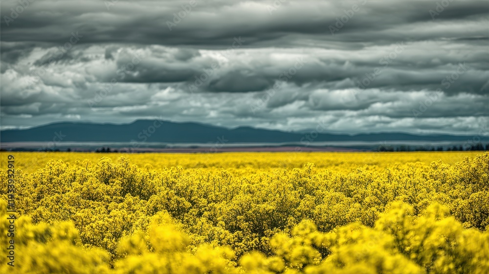 Obraz premium Fields of Bright Yellow Rapeseed Flowers Under a Dramatic Sky