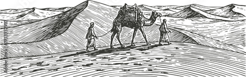 desert caravan with camel and travelers crossing sand dunes under the open sky