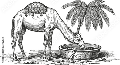 Camel drinking water from cracked bowl near palm trees desert animal wildlife and oasis scene