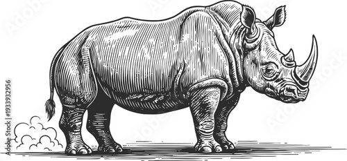 black and white engraving of a standing rhinoceros with detailed skin texture and facial features