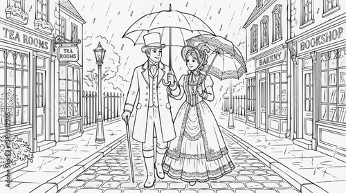 Coloring page for children - Victorian couple sharing an umbrella in light rain on a charming street