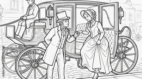 Coloring page for children - Victorian gentleman helping lady out of carriage, elegant scene