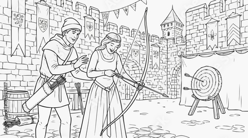 Coloring page for children - a medieval archer teaches a noble lady how to shoot an arrow in the castle courtyard