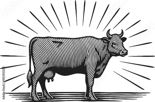 Vintage engraved cow illustration with sunburst lines farm livestock animal sketch black and white drawing