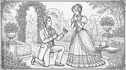 Coloring page for children - Victorian gentleman proposes to lady in a beautiful garden, romantic atmosphere, engagement scene
