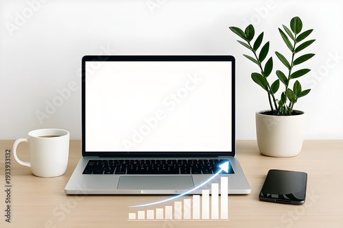 Laptop with Blank Screen on Minimal Desk Showing Business Growth Concept and Upward Analytics Chart