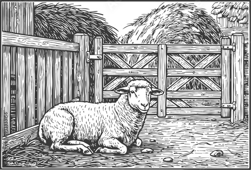 Sheep resting in a fenced rural yard farm animal illustration with wooden gate and haystack background