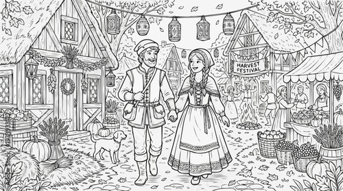 Coloring page for children - Medieval couple holding hands, joyful mood, celebrating harvest festival in a village setting
