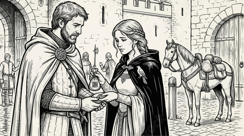 Coloring page for children - Medieval couple exchanging charms before a long journey, emotional farewell scene, historical setting
