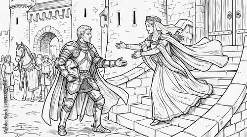 Coloring page for children - Medieval knight returning from tournament, lady running down castle steps, emotional meeting
