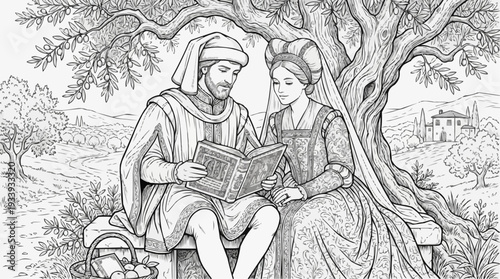 Coloring page for children - Renaissance couple reading together under an olive tree in a serene landscape