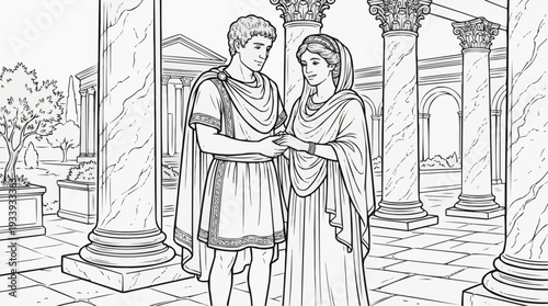 Coloring page for children - Ancient Roman couple in love standing by marble columns in a romantic setting