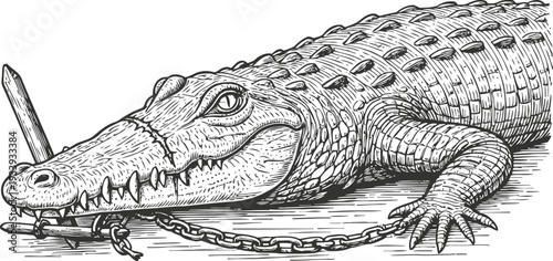 Chained crocodile lying on ground with detailed scales and fierce expression sketch