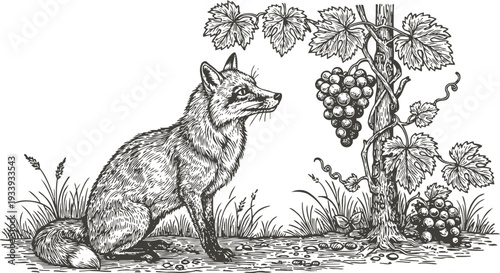 fox sitting near a grapevine with ripe grape clusters and detailed leaves in nature