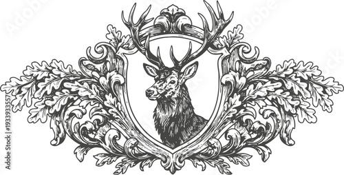 Ornate vintage emblem with majestic stag head and decorative oak leaves frame design