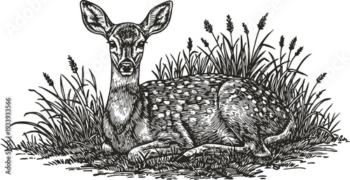 Detailed black and white illustration of a resting deer lying in tall grass with spots on its fur