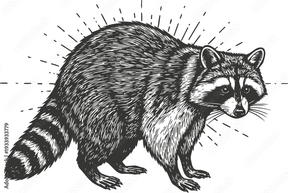 Naklejka premium Detailed raccoon illustration with textured fur and glowing lines in monochrome design