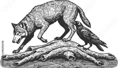 Wolf and crow interaction on a fallen tree branch wildlife nature scene in black and white engraving