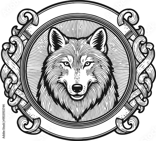 detailed wolf head illustration in circular frame with ornate decorative floral elements