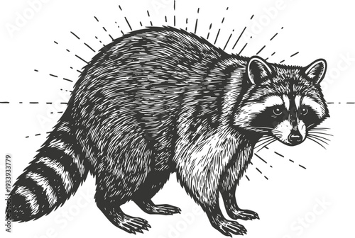 Detailed raccoon illustration with textured fur and glowing lines in monochrome design